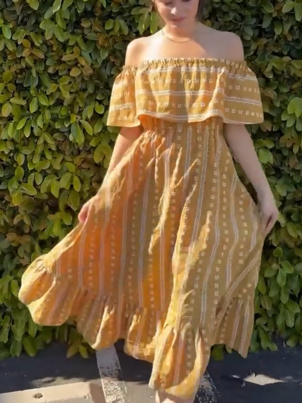 By Together Mustard Yellow Embroidered Dress long off shoulder